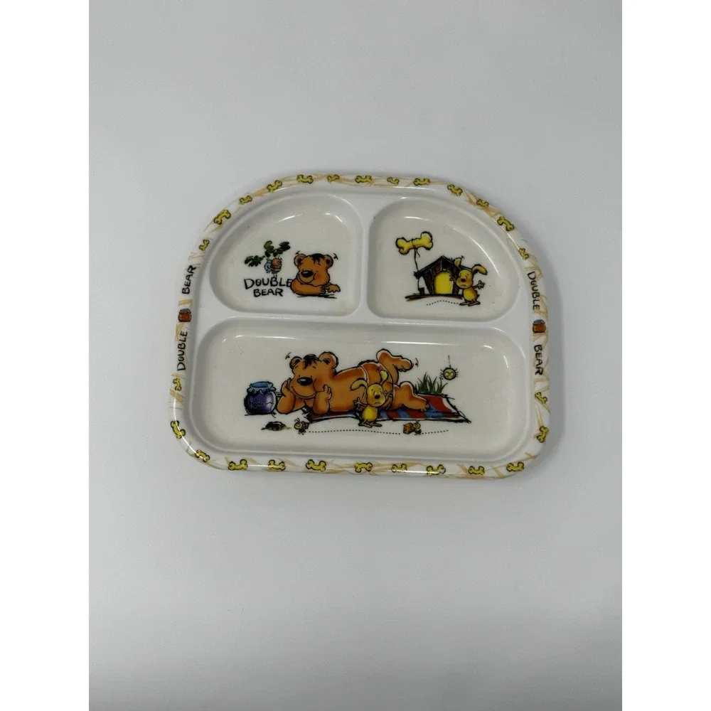 Vintage Melamine Ware Divided Children's Plate Double Bear 9.5